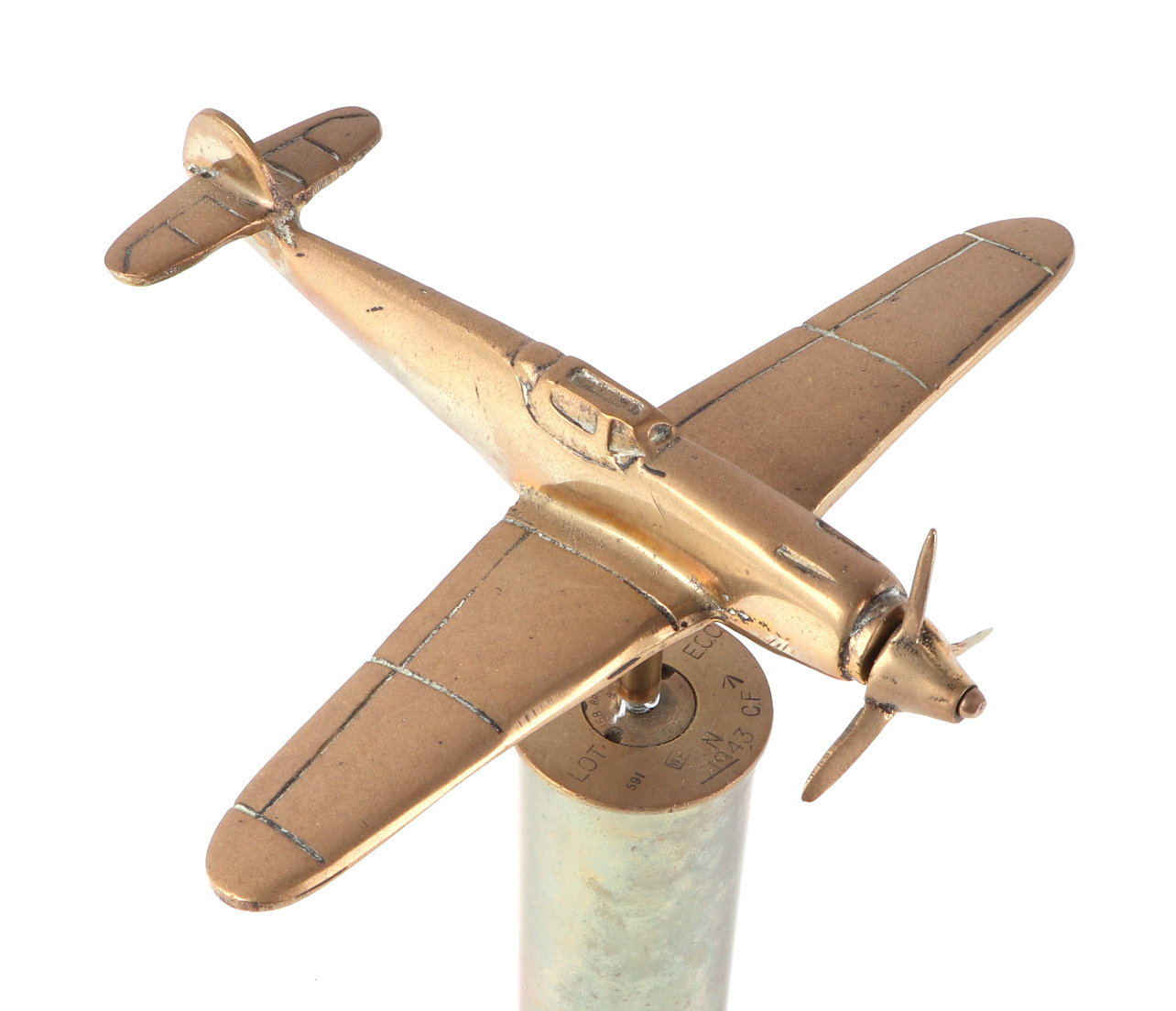 A trench art cast brass model of a Messerschmitt BF110, mounted on a brass shell case, wingspan - Image 2 of 2