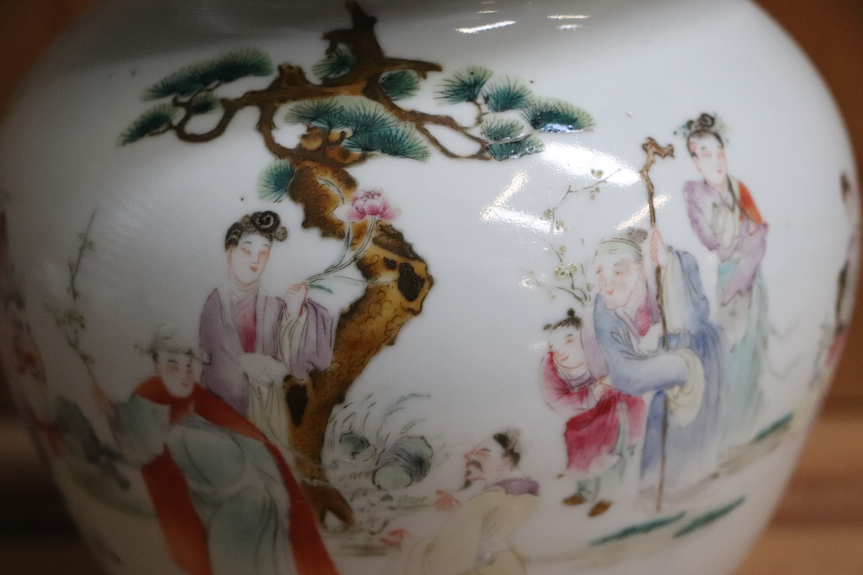 A pair of Chinese famille rose squat vases, decorated with figures and a landscape, mark to the - Image 12 of 14