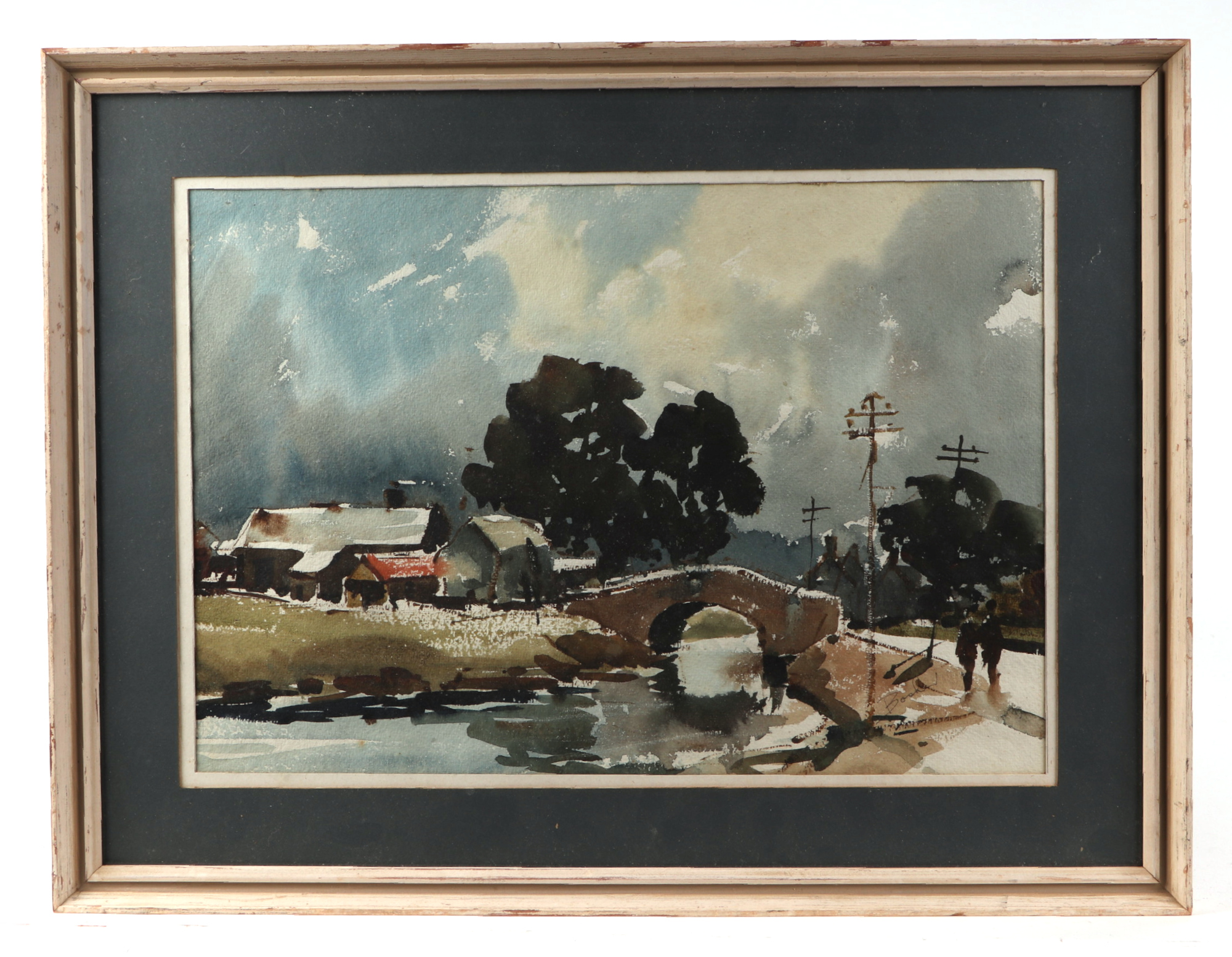 Bosher, river scene with figures on a bridge, signed lower right corner, watercolour, framed and