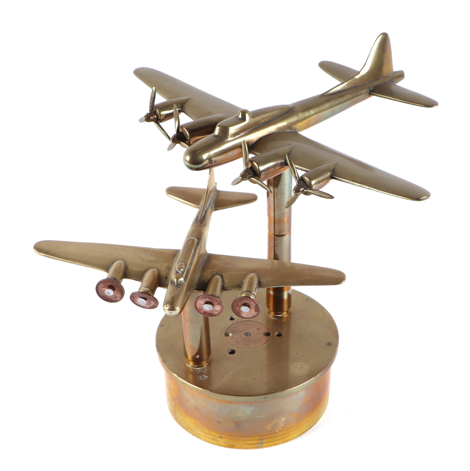 A trench art brass pair of Flying Fortress bombers, mounted on a brass artillery shell base, - Image 2 of 2