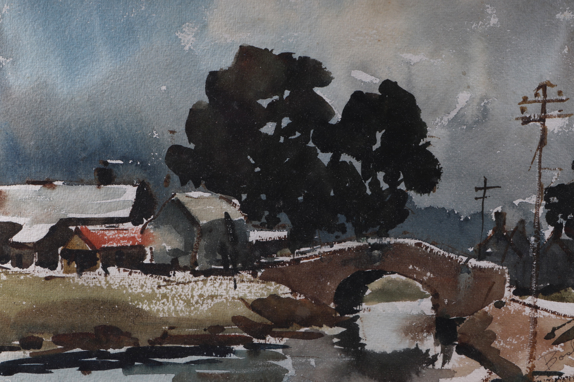 Bosher, river scene with figures on a bridge, signed lower right corner, watercolour, framed and - Image 2 of 4