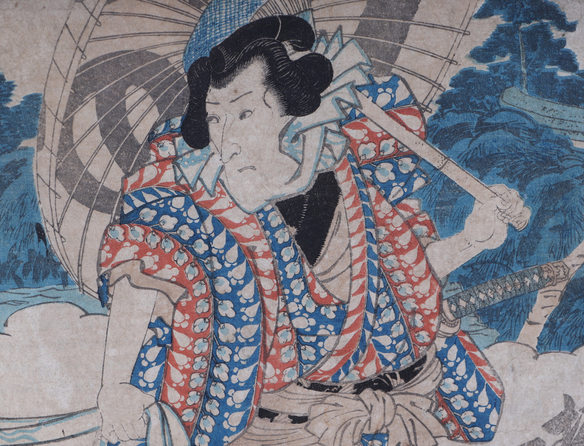 Kawamasa - a Japanese woodblock print depicting Bando Mitsugoro (Kabuki actor), framed and glazed, - Image 2 of 4