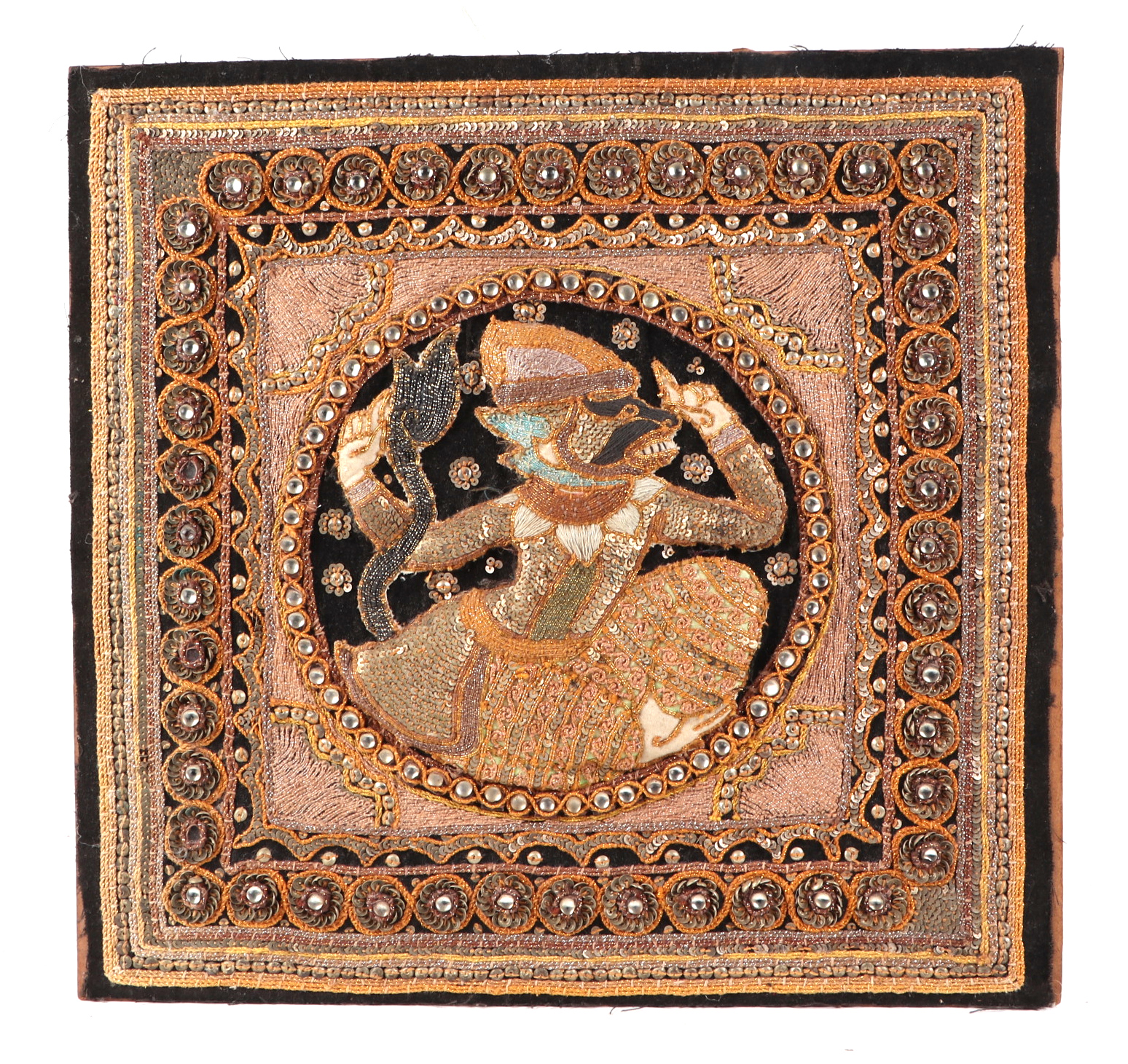 A group of four Indian needlework panels, depicting elephants and mythical creatures, each approx 39 - Image 3 of 6