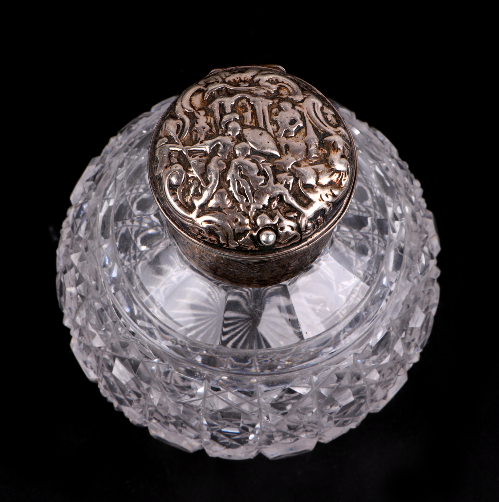 A white metal topped cut glass scent bottle of globular form, 11cm high. - Image 2 of 3