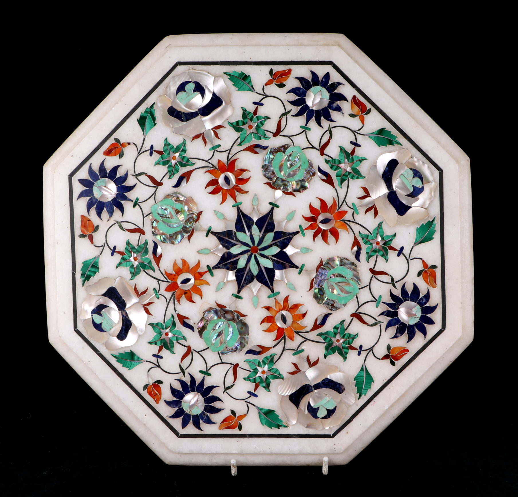 An Indian black marble and multi stone inlay, Pietra Dura style, marquetry circular table top panel, - Image 3 of 4