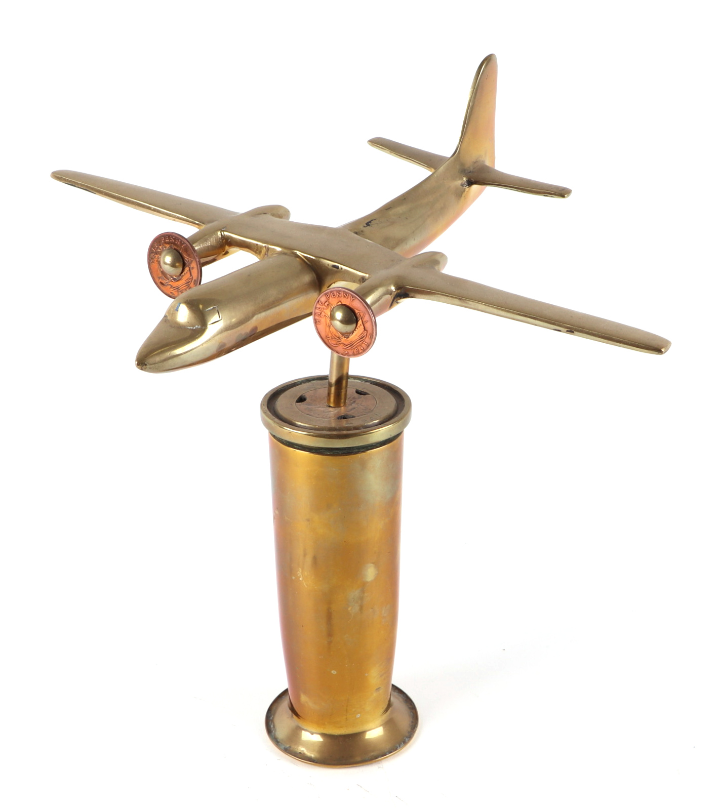 A cast brass model of a twin engine aircraft, mounted on a brass plinth, wingspan 17cm. - Image 2 of 2