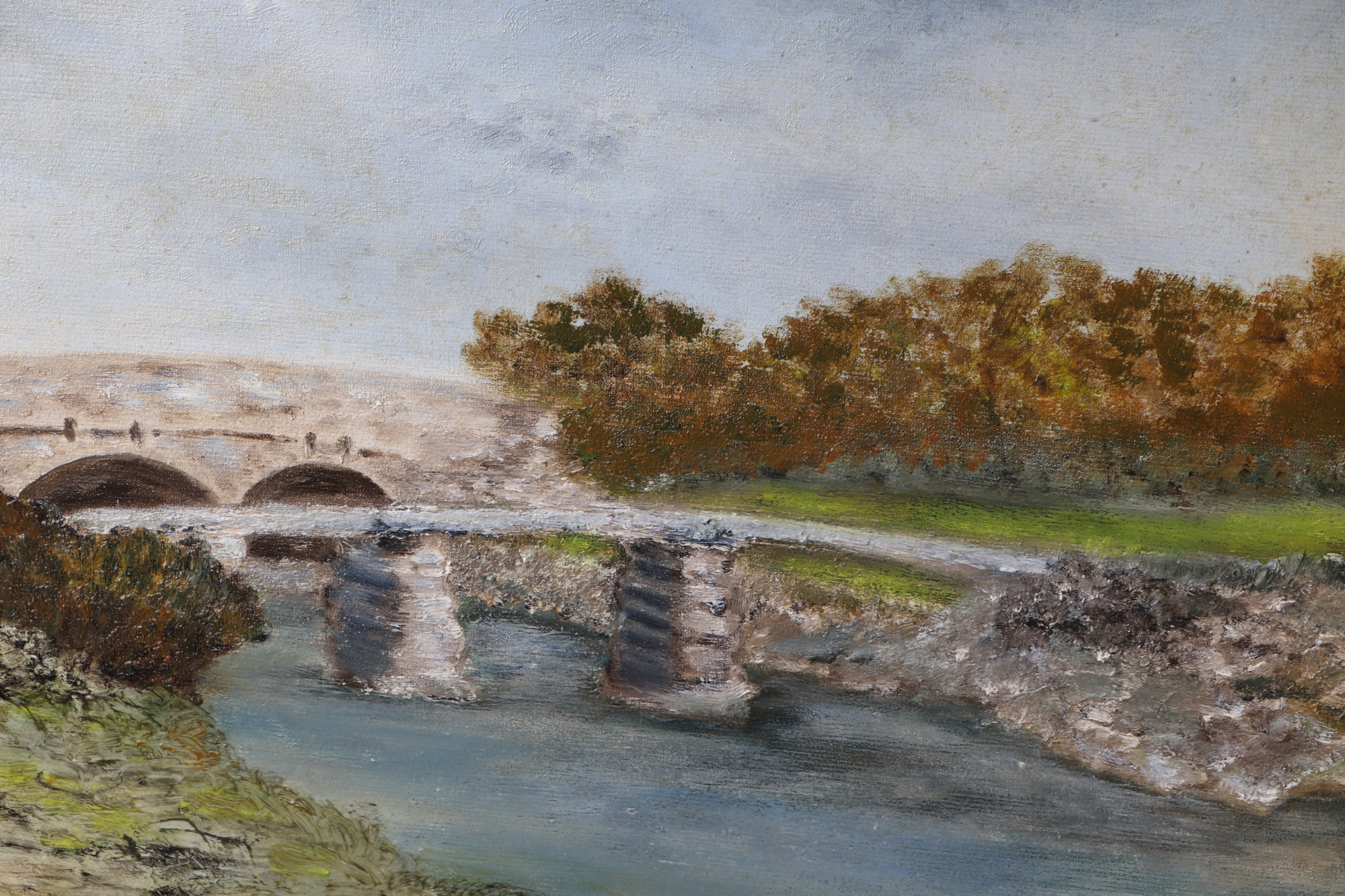 20th century school, river landscape scene with bridge, oil on board, framed, 39 by 30cm. - Image 2 of 3