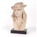 After Rodin, a cast bust by Austin Productions, depicting a lady wearing a bonnet, 54cm high.