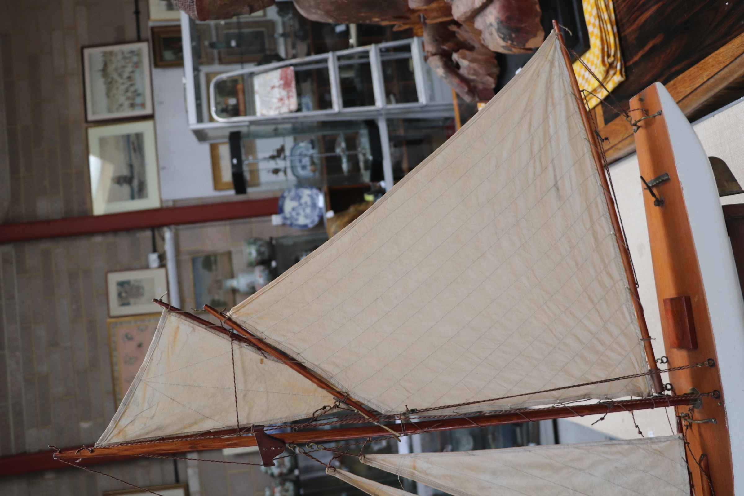 A pond yacht, having a painted hull, 72cm long, mounted on a stand. Condition Report Looks to be - Image 8 of 14