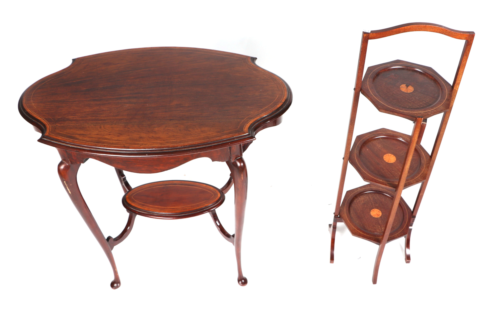 An Edwardian walnut two tier occasional table, crossbanded and having ebony and boxwood stringing, - Image 2 of 2