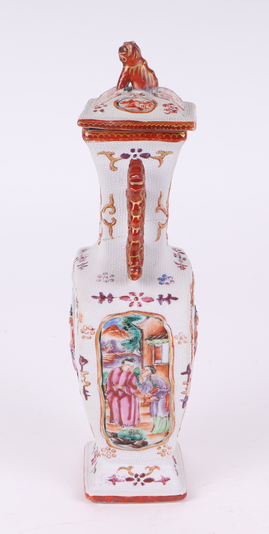 A pair of Chinese Mandarin palette famille rose Export vases and covers moulded in relief with - Image 5 of 25