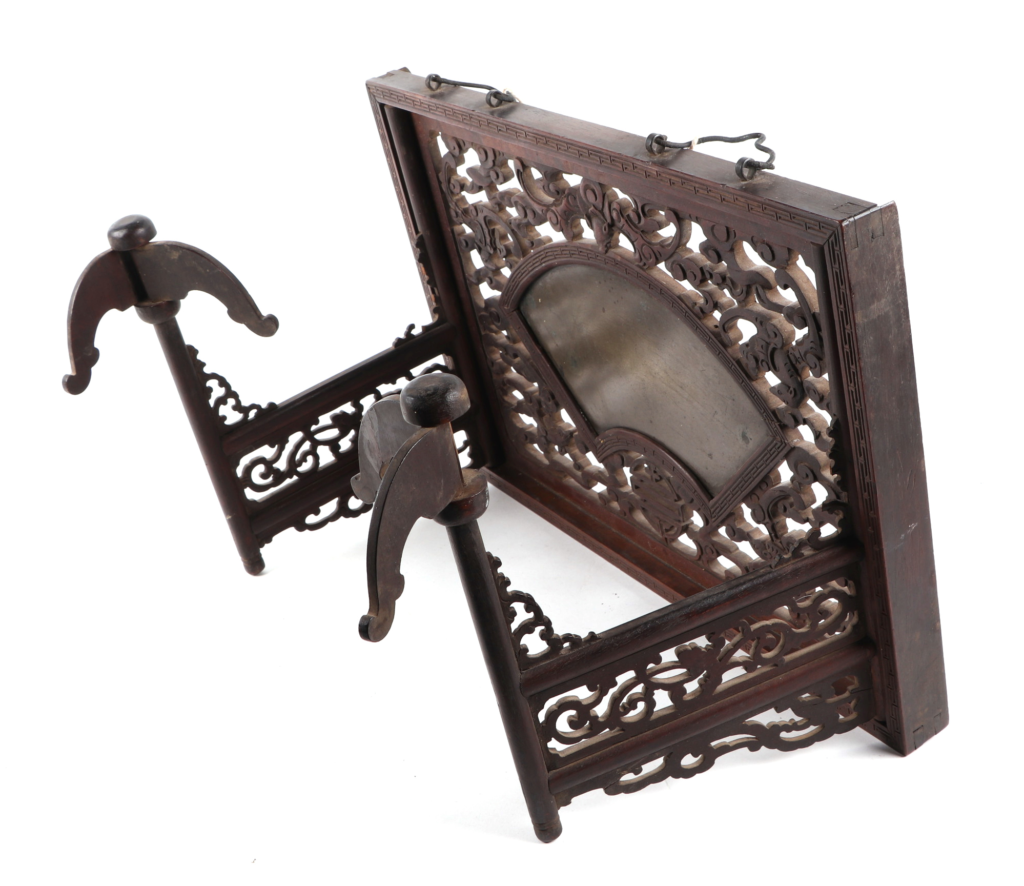 A 19th century Qing period pierced hardwood and bronze mirror backed hat stand, on a pierced three - Image 2 of 2