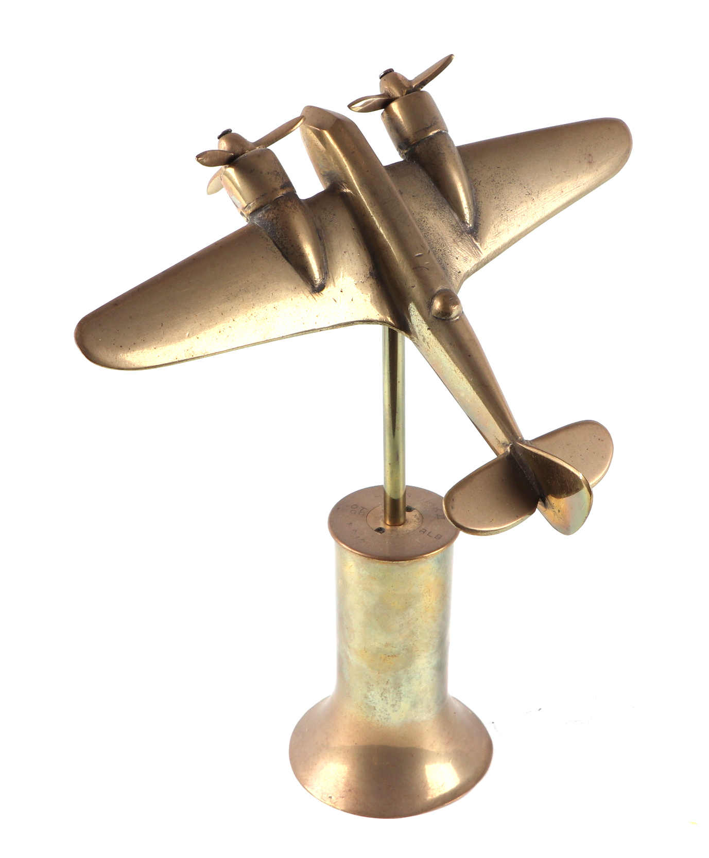 A trench art cast brass model of a Sterling bomber, mounted on a brass plinth, wingspan 23cm. - Image 2 of 2