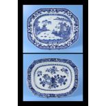 An 18th century Chinese blue & white shaped rectangular meat plate decorated a river scene with a