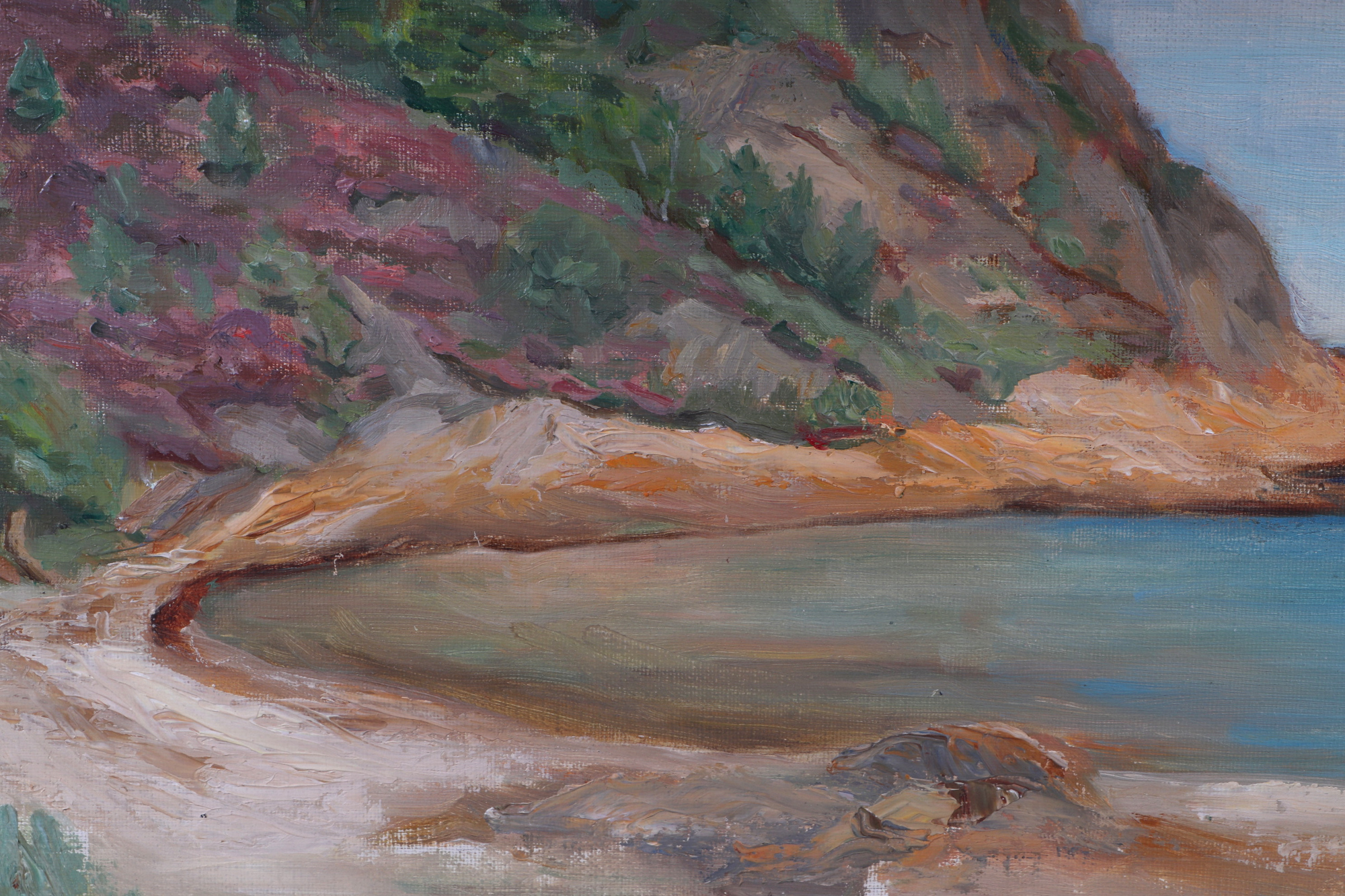 20th century school, coastal scene, with trees on a hillside, oil on board, framed, 39 by 29cm. - Image 2 of 3