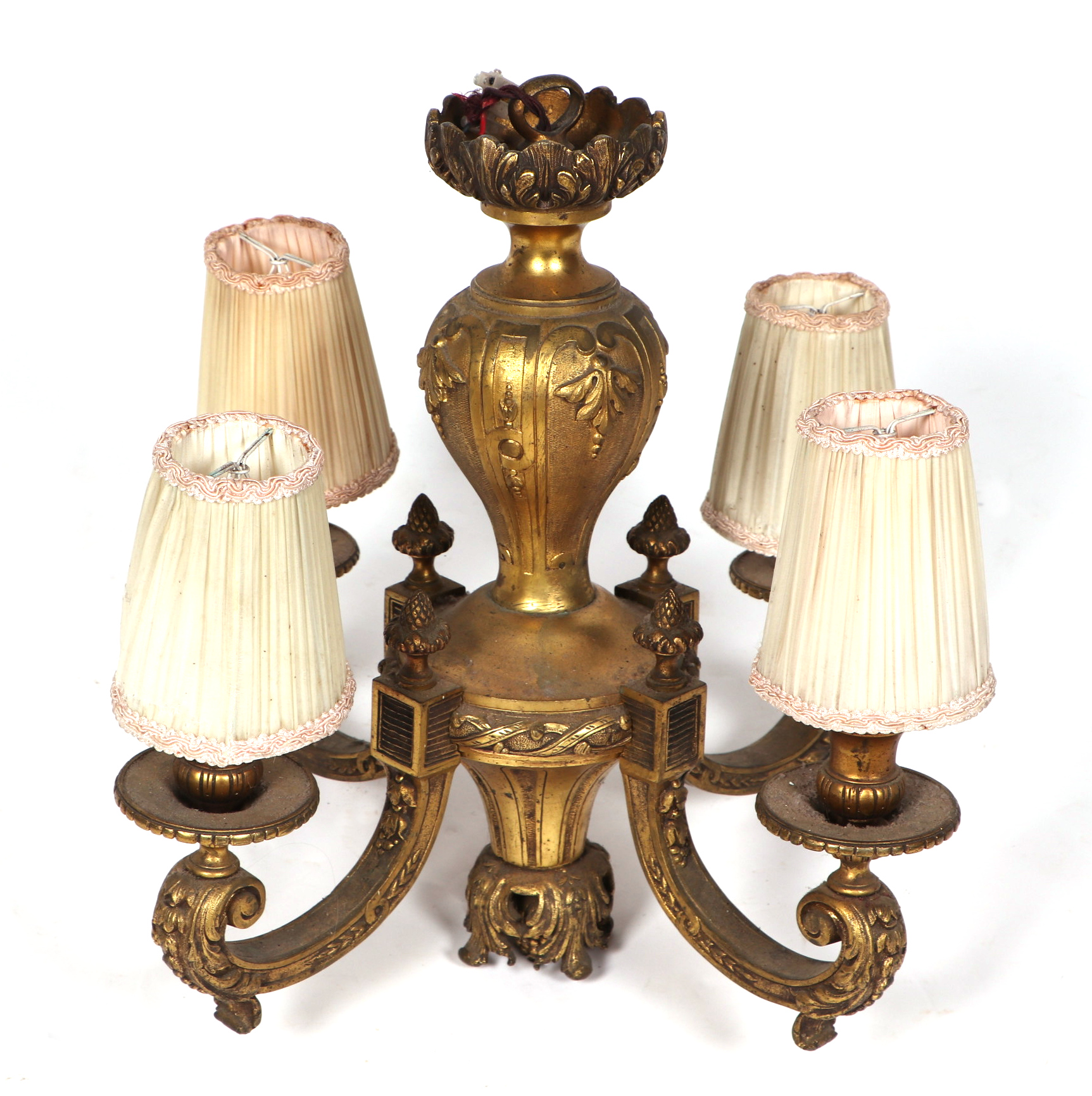 A gilt bronze four branch celling light, 42cm high.