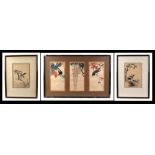 A set of three Japanese wood block prints, depicting birds and flowers, each 13 by 35cm, framed as