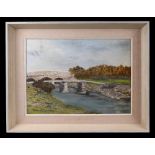 20th century school, river landscape scene with bridge, oil on board, framed, 39 by 30cm.