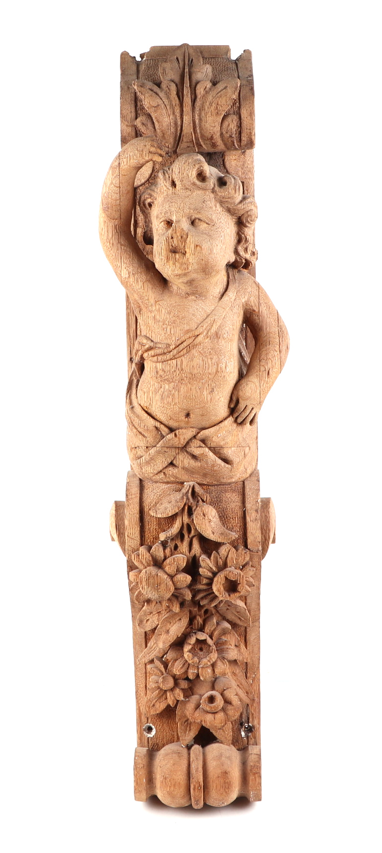 A carved oak corbel, in the form of a putti, possible 18th century, 65cm high, and a pine - Bild 2 aus 7