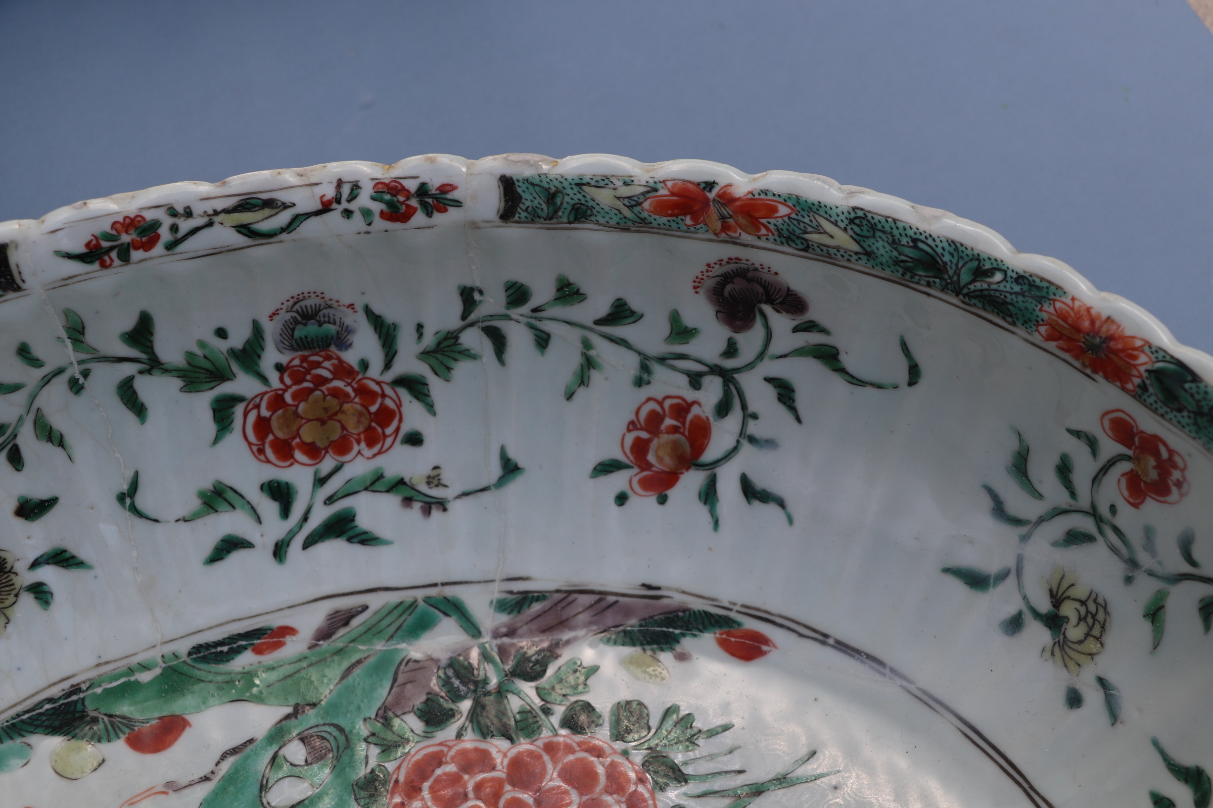 A large Chinese famille vert oval bowl, decorated exotic birds and flowers, 40cm wide. Condition - Image 7 of 11
