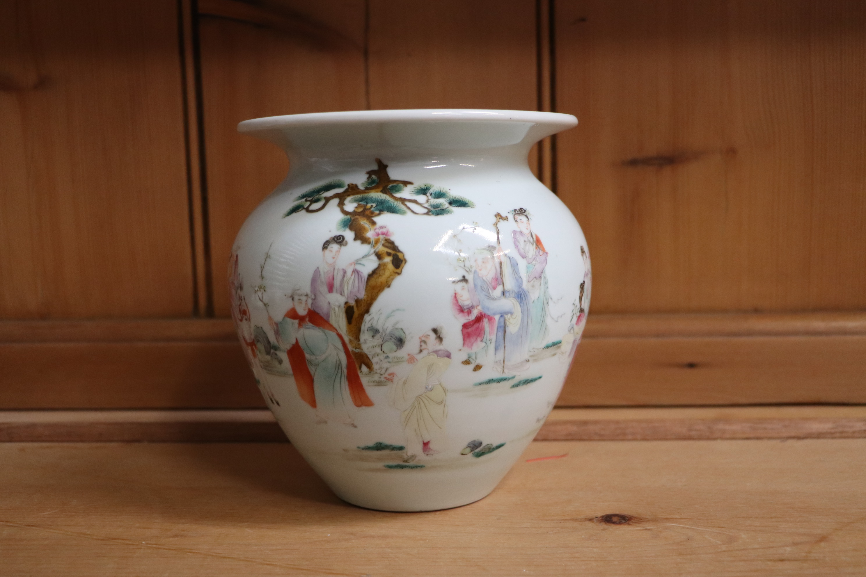 A pair of Chinese famille rose squat vases, decorated with figures and a landscape, mark to the - Image 11 of 14