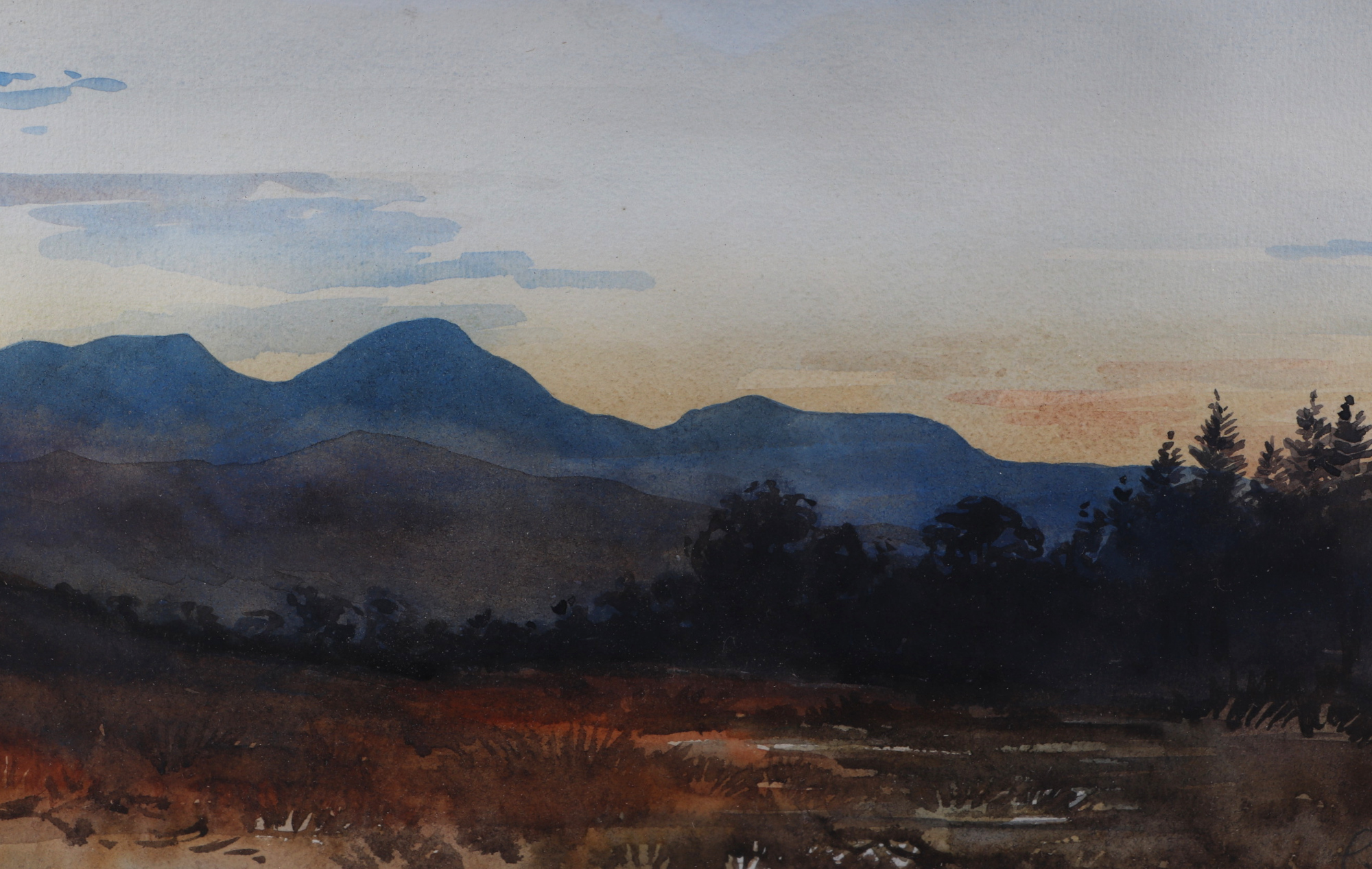 C Calvert (?), Moorland scene with mountains in the background, signed lower right corner, - Image 2 of 4