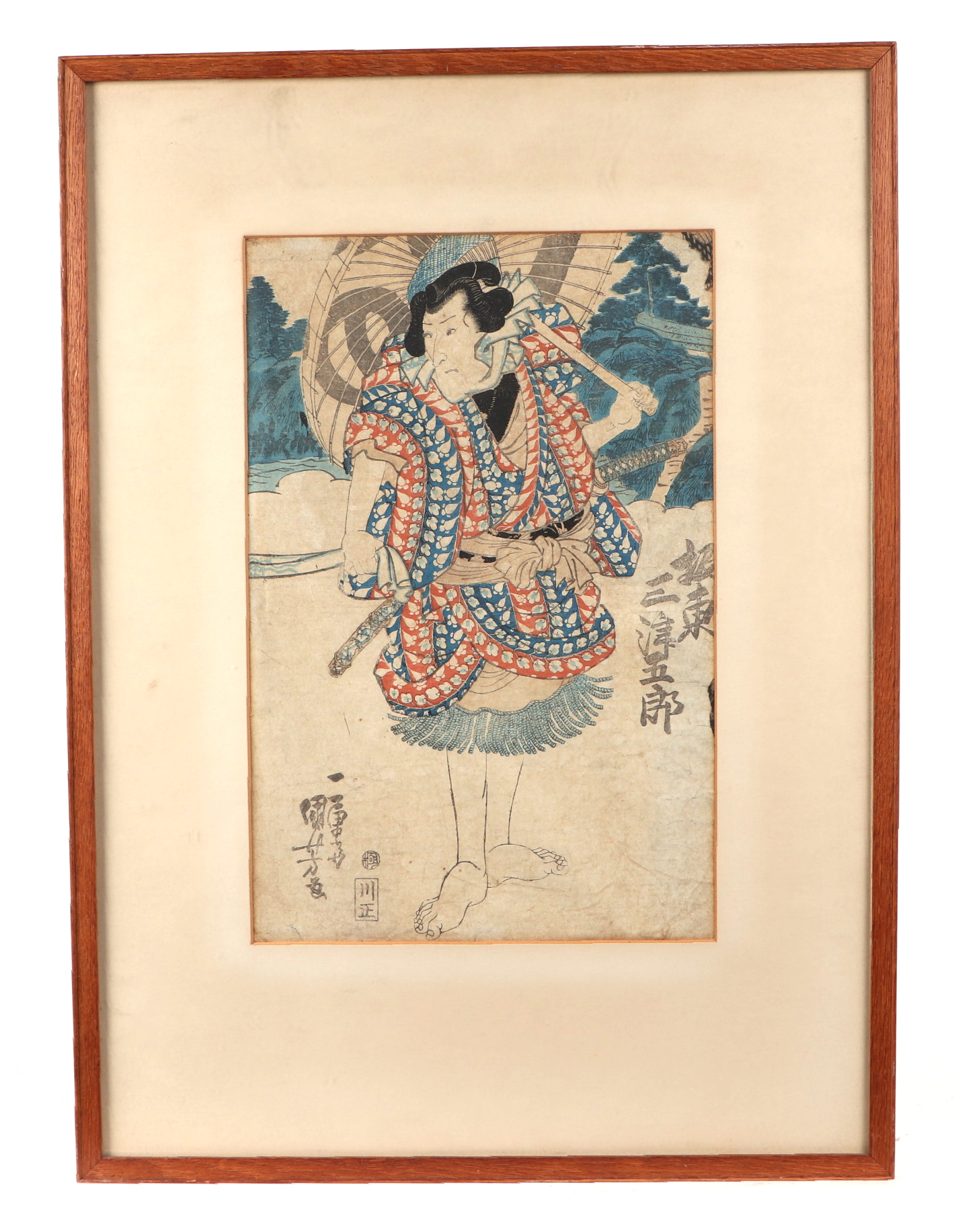 Kawamasa - a Japanese woodblock print depicting Bando Mitsugoro (Kabuki actor), framed and glazed,