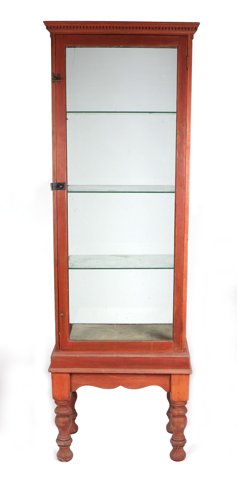 A glazed mahogany display case, of slender proportions, having a glazed singular pane door,