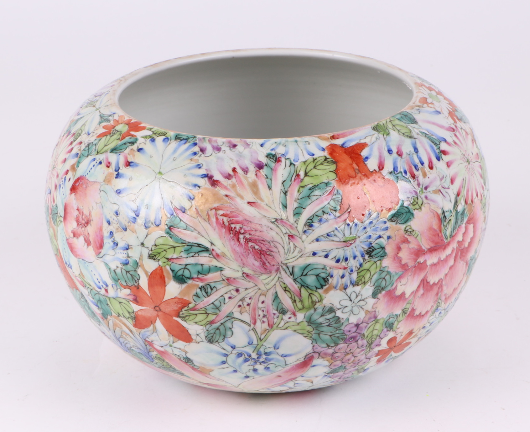 A Chinese millefiori brush washer decorated with flowers, red seal mark to the underside, 25cm - Image 3 of 7