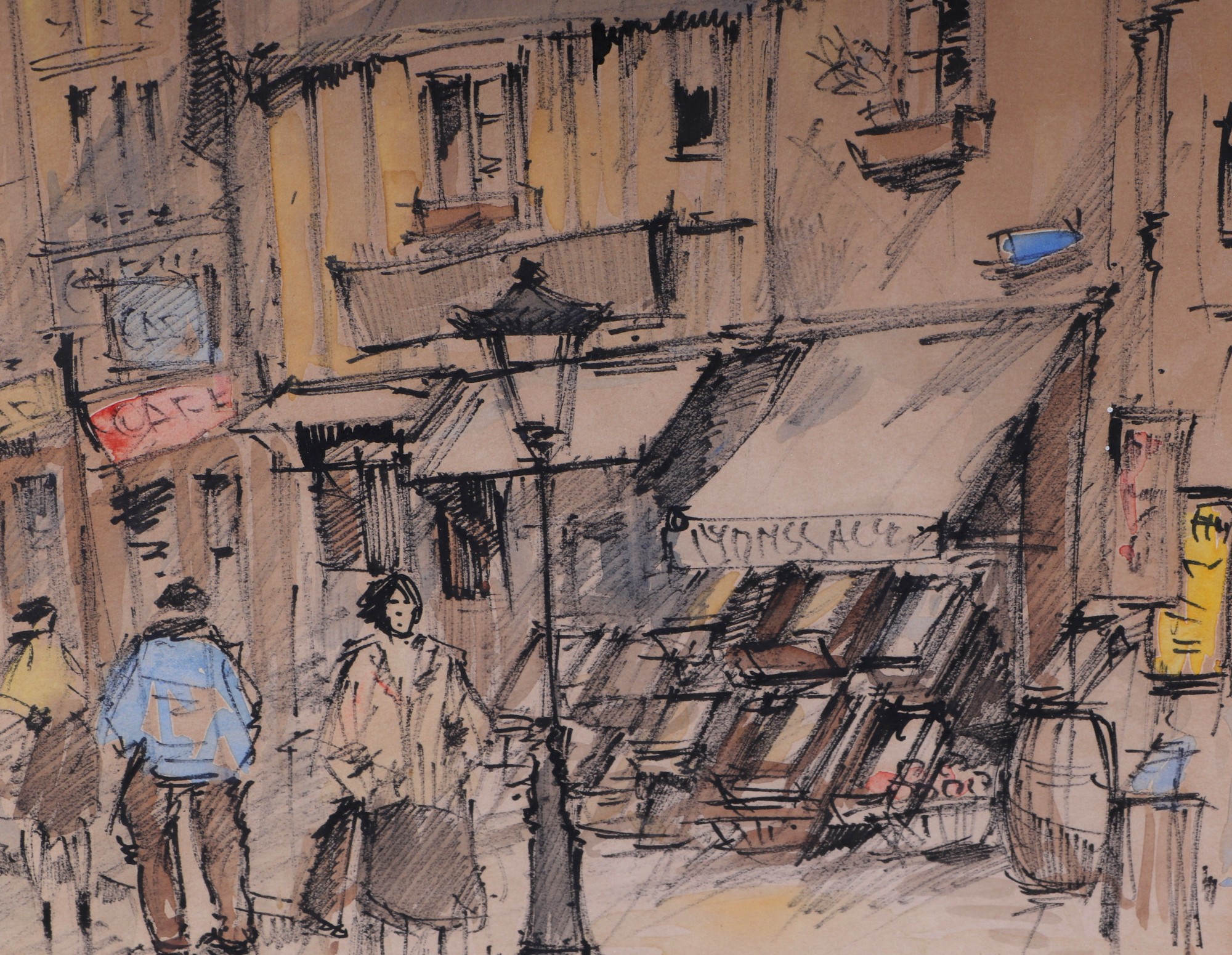 Continental school 20th century, a set of three Parisian street scene, pen and ink with pastel - Image 3 of 13