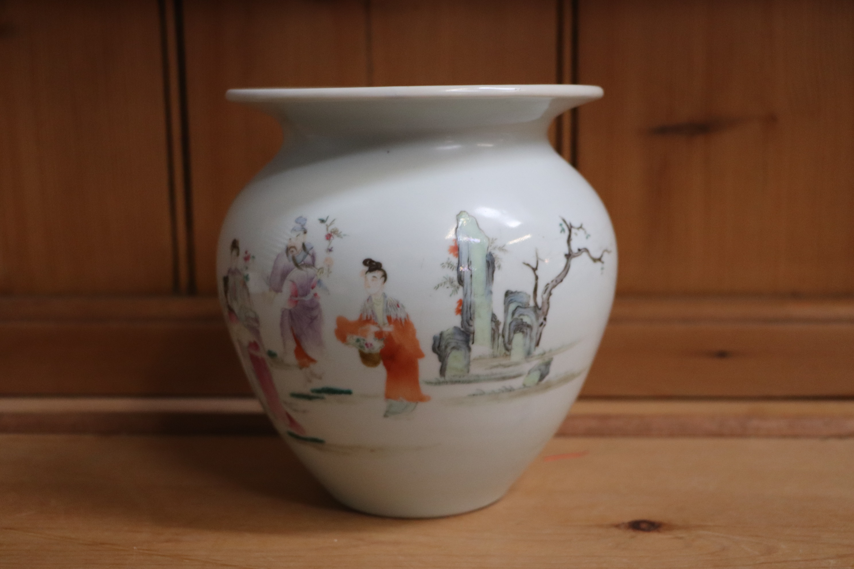 A pair of Chinese famille rose squat vases, decorated with figures and a landscape, mark to the - Image 13 of 14