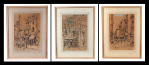 Continental school 20th century, a set of three Parisian street scene, pen and ink with pastel