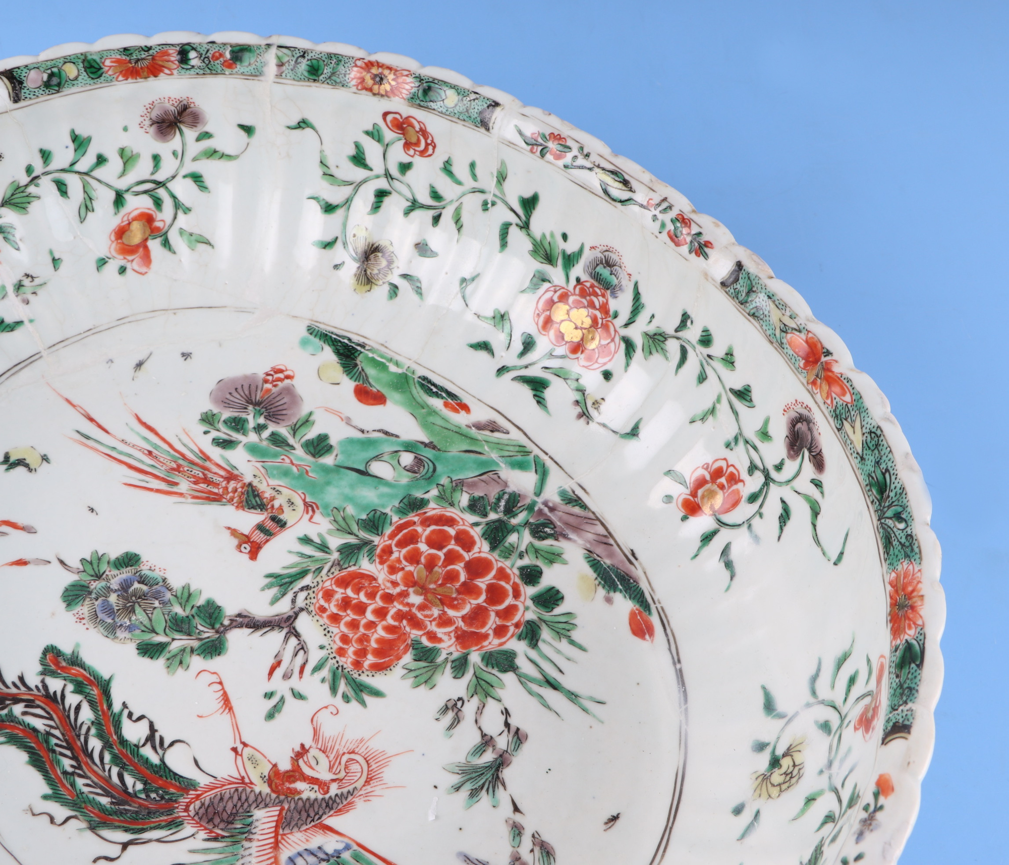 A large Chinese famille vert oval bowl, decorated exotic birds and flowers, 40cm wide. Condition - Image 3 of 11