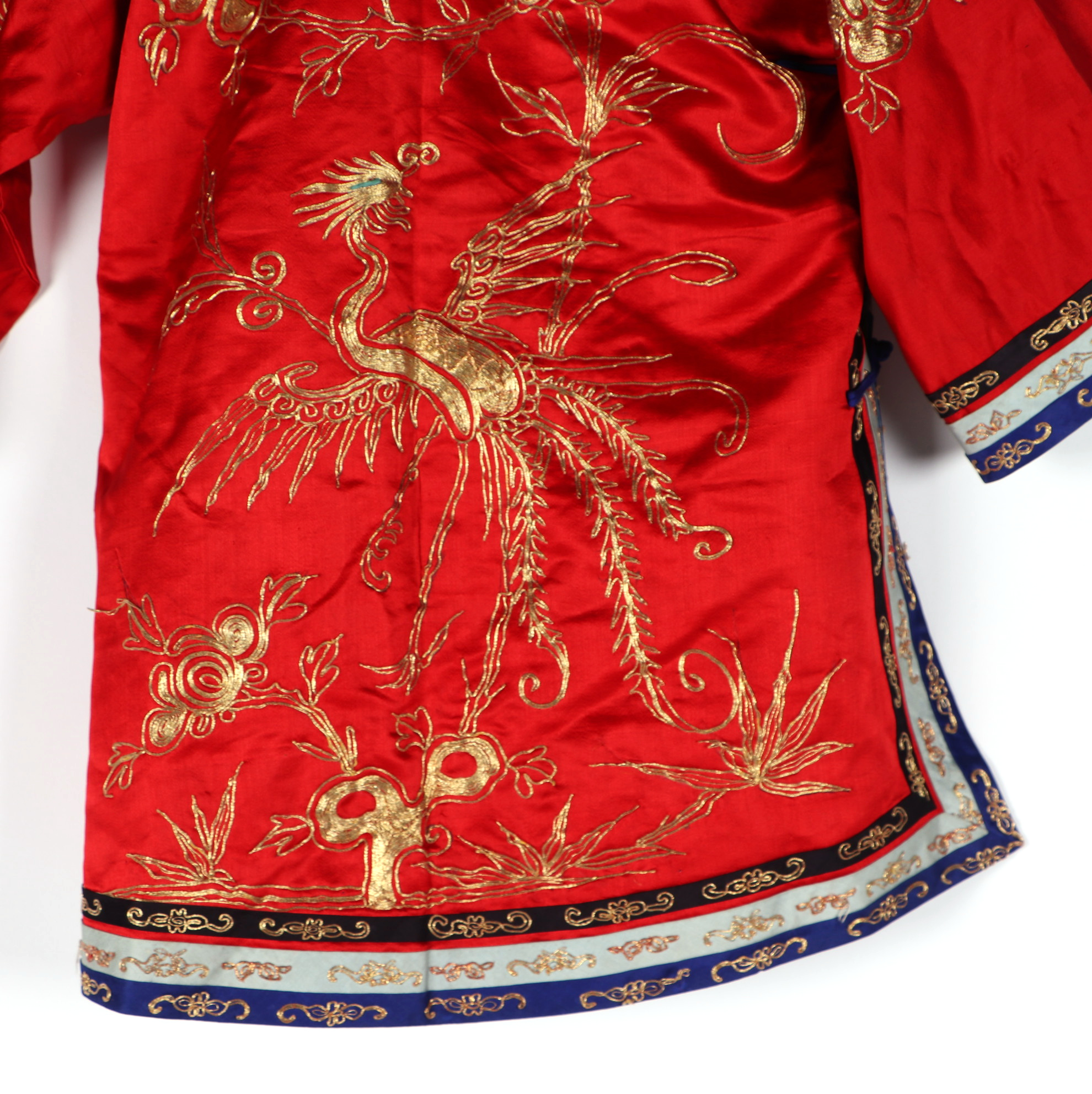 A Chinese silk short jacket decorated with embroidered bullion wire phoenix and flowers, on a red - Image 5 of 5
