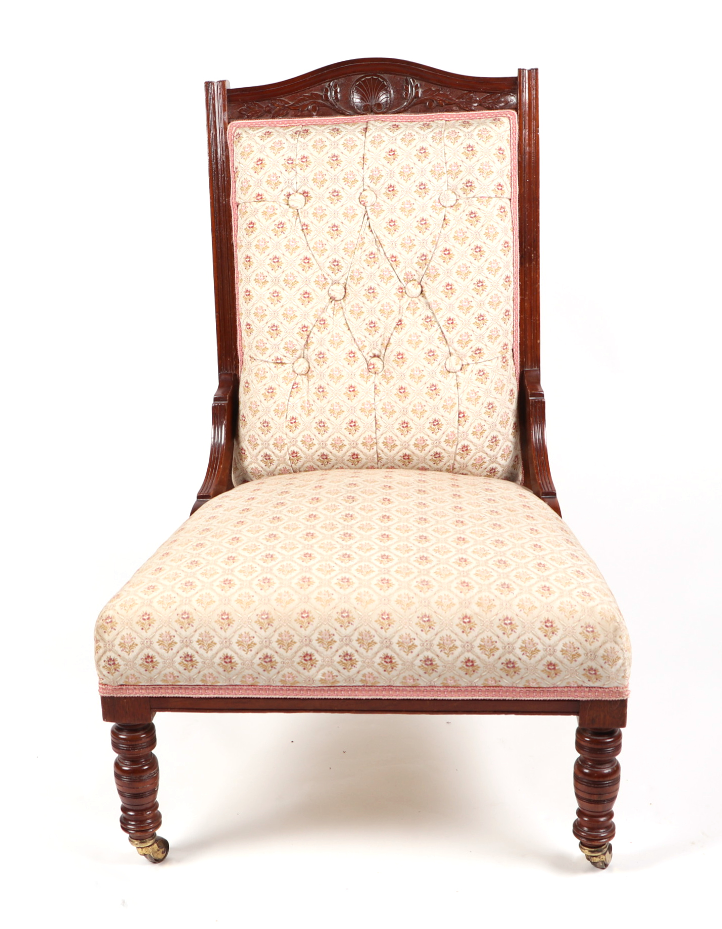 A late Victorian/Edwardian carved walnut upholstered nursing chair, with turned front legs. - Image 2 of 3