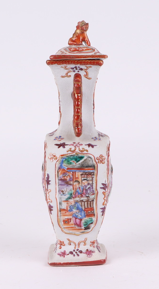 A pair of Chinese Mandarin palette famille rose Export vases and covers moulded in relief with - Image 14 of 25