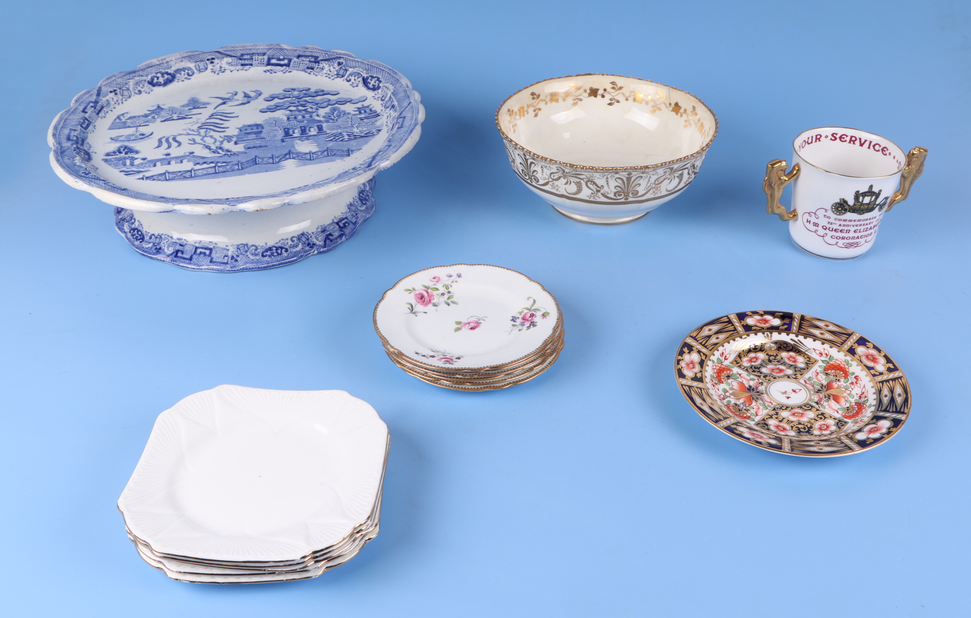 A Victorian blue and white willow pattern cake stand, two Masons Iironstone plates, an early Ainsley - Image 3 of 4