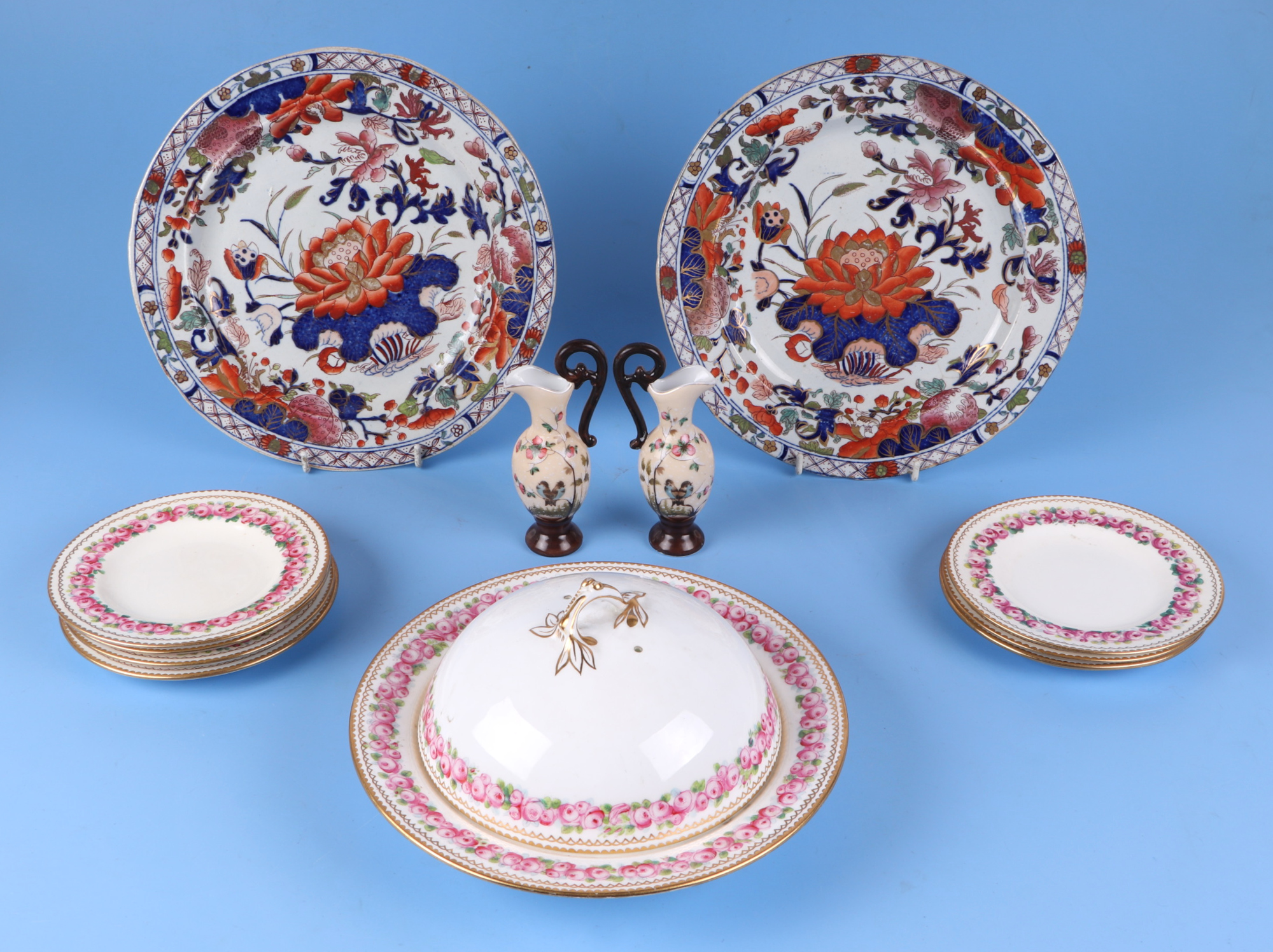 A Victorian blue and white willow pattern cake stand, two Masons Iironstone plates, an early Ainsley - Image 2 of 4