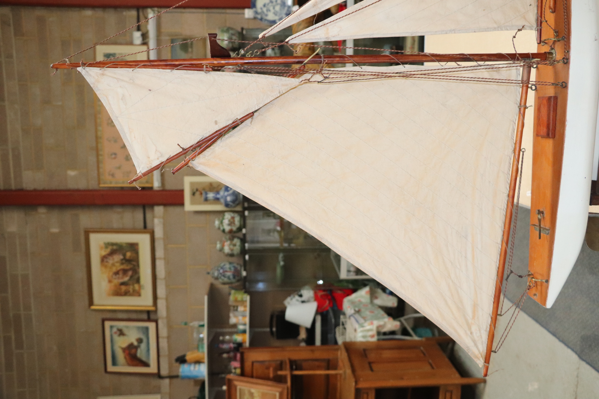 A pond yacht, having a painted hull, 72cm long, mounted on a stand. Condition Report Looks to be - Image 13 of 14