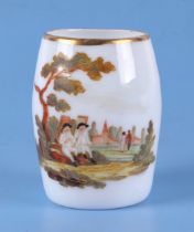 An 18th century German milk glass tankard, decorated a landscape with figures under a tree, 10cm