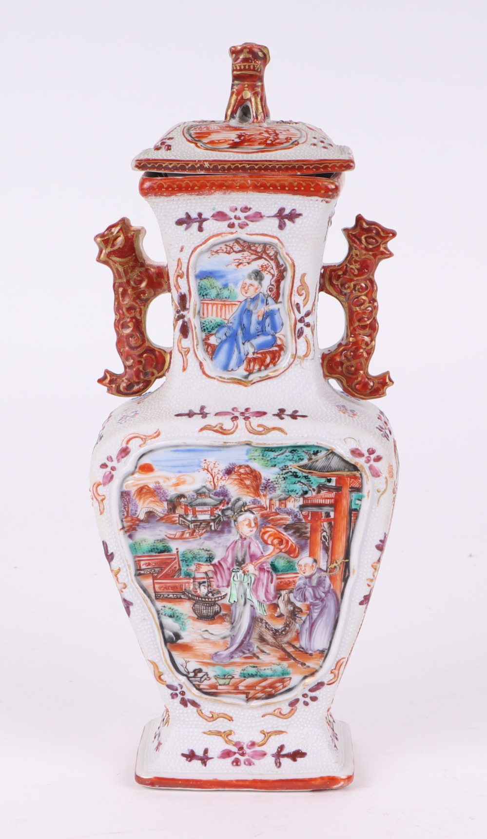 A pair of Chinese Mandarin palette famille rose Export vases and covers moulded in relief with - Image 4 of 25