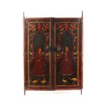 A pair of 19th century Indian painted wooden alcove doors, decorated with figures, birds and