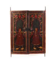 A pair of 19th century Indian painted wooden alcove doors, decorated with figures, birds and