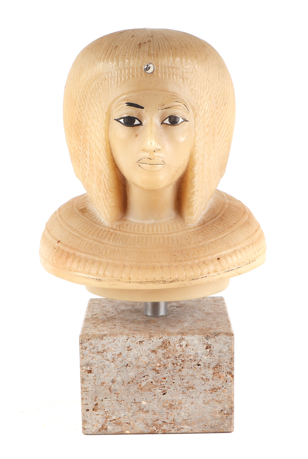 A Museum Facsimile of an Egyptian Canopic mummification jar, depicting a Pharaoh Queen, mounted on a