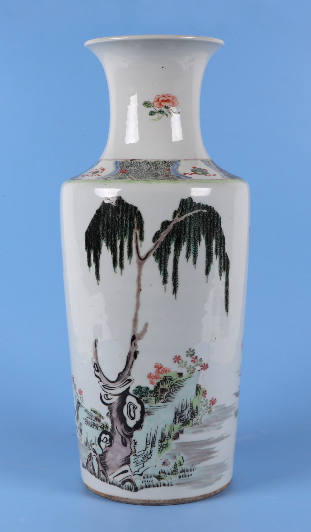 A Chinese famille rose rouleau vase, decorated figures on horseback, 44cm high. Condition Report Has - Image 3 of 7