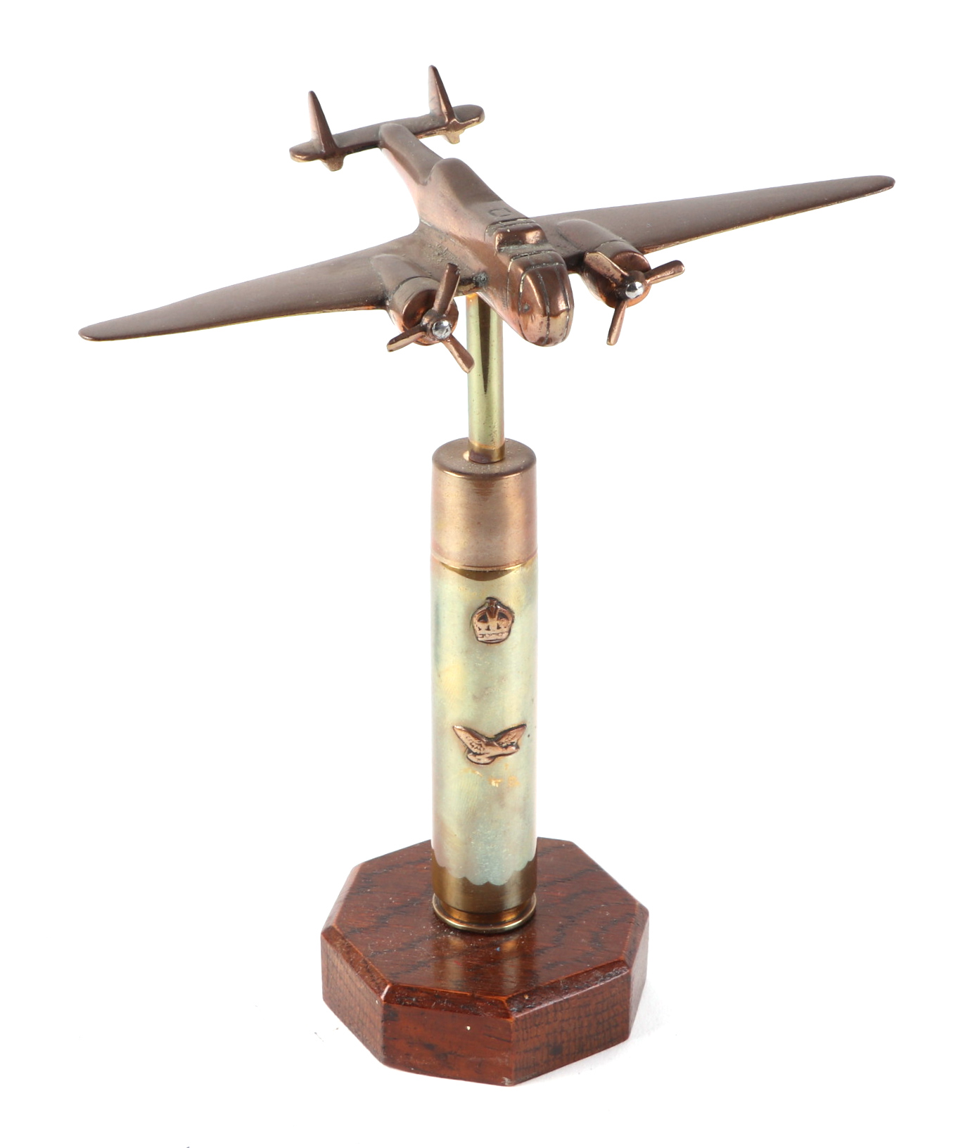 A trench art cast brass model of Blenheim Light bomber aircraft, mounted on a brass plinth, wingspan