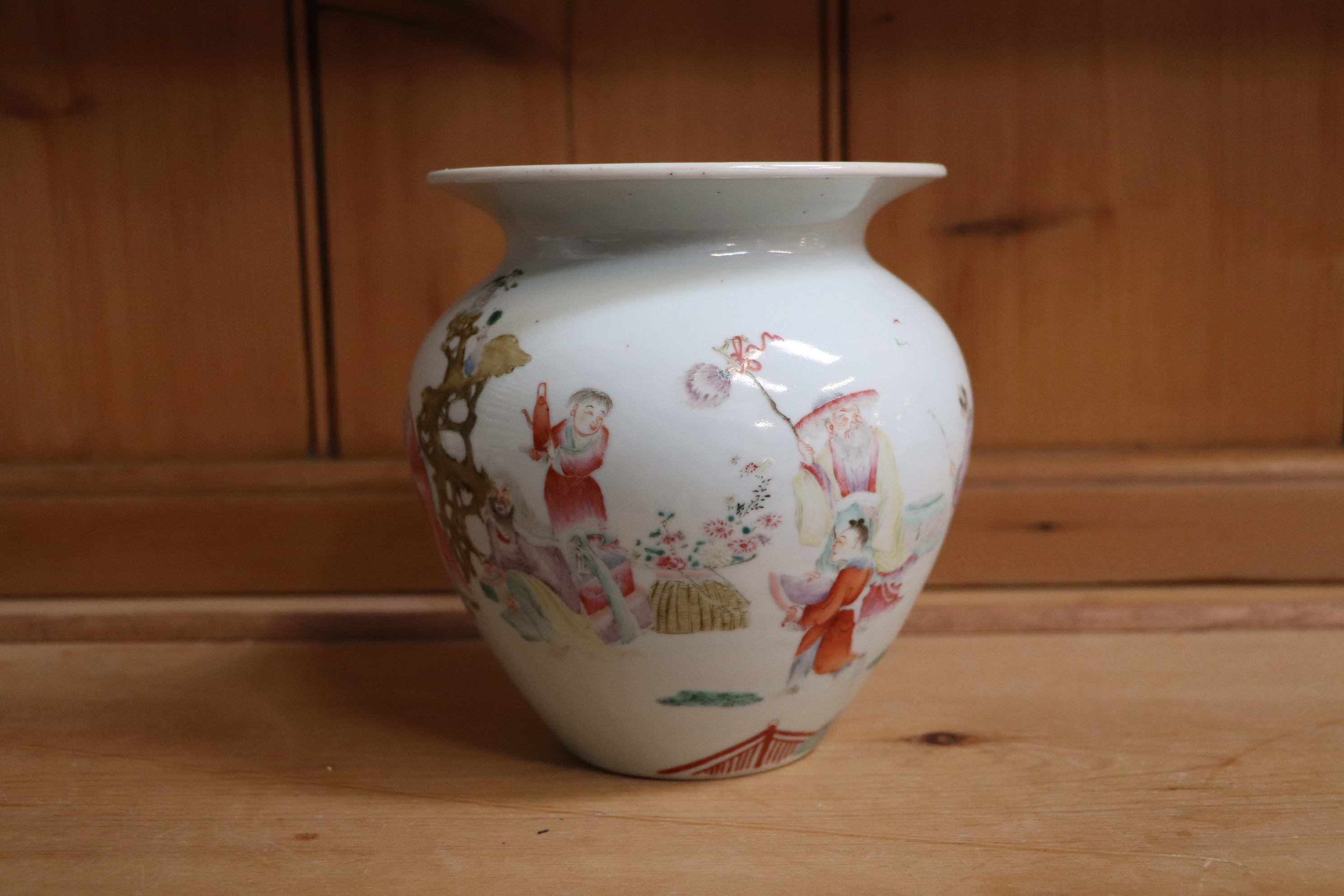 A pair of Chinese famille rose squat vases, decorated with figures and a landscape, mark to the - Image 6 of 14