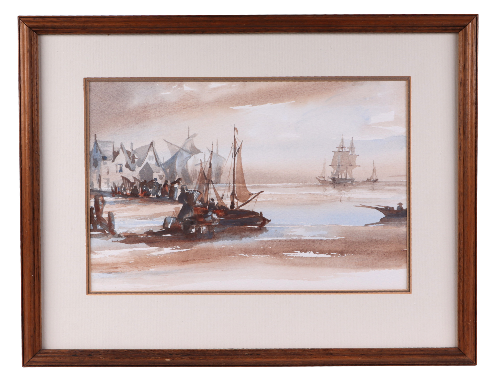 20th century English school, a coastal scene with fishing boats and tall ships, watercolour, 31 by