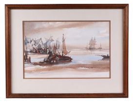 20th century English school, a coastal scene with fishing boats and tall ships, watercolour, 31 by