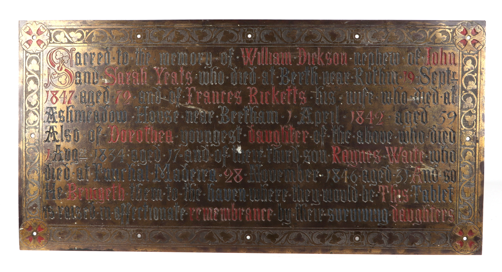 A Victorian church brass memorial sign, dated 1834, 76 by 38cm, a Victorian cast iron telegraph pole - Image 3 of 6